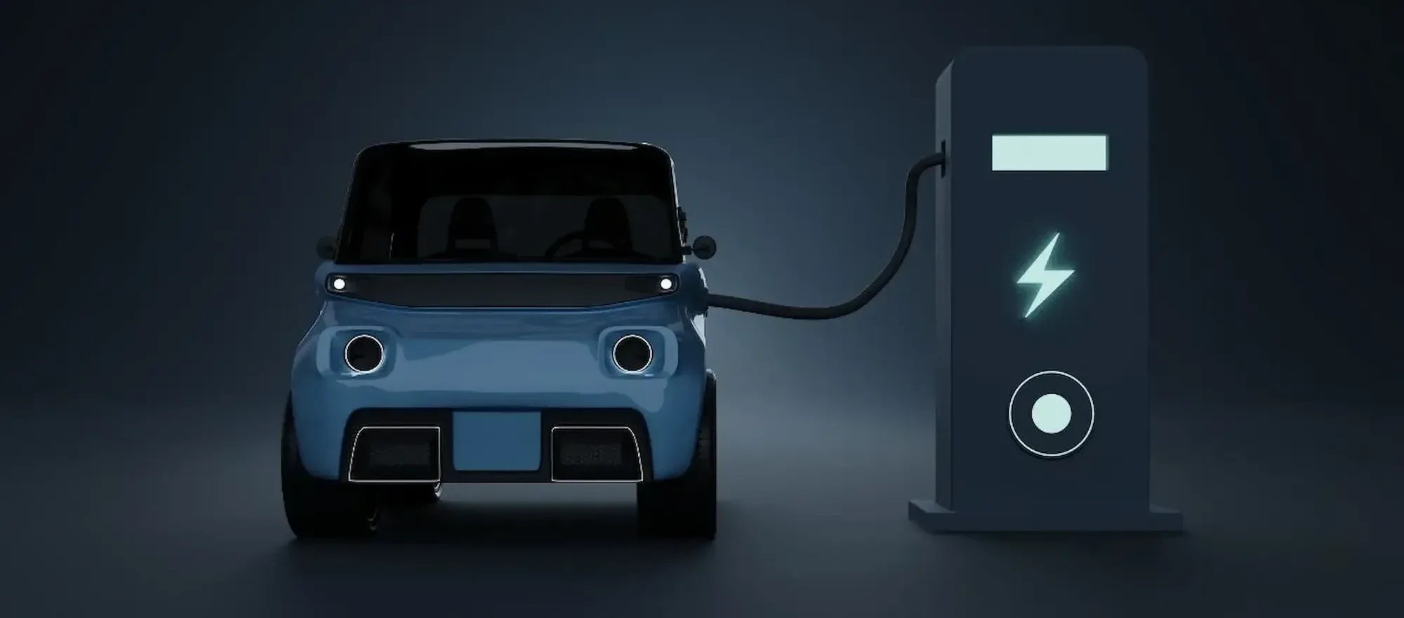 A compact blue electric car connected to a freestanding charge point