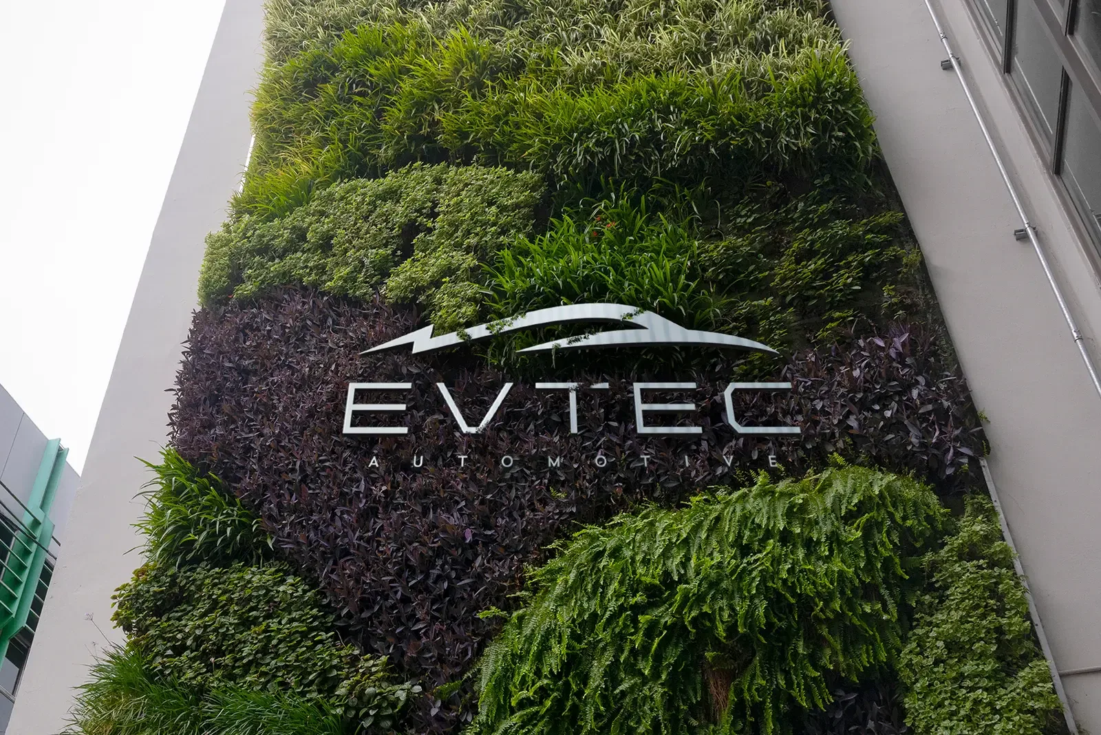 The Evtec logo mounted on a living green wall at the Coventry site