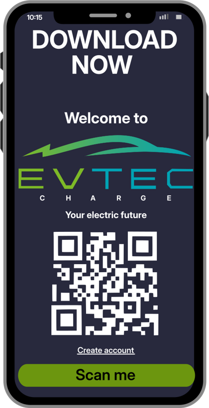 A phone showing the Evtec Charge app welcome screen with a QR code to download it