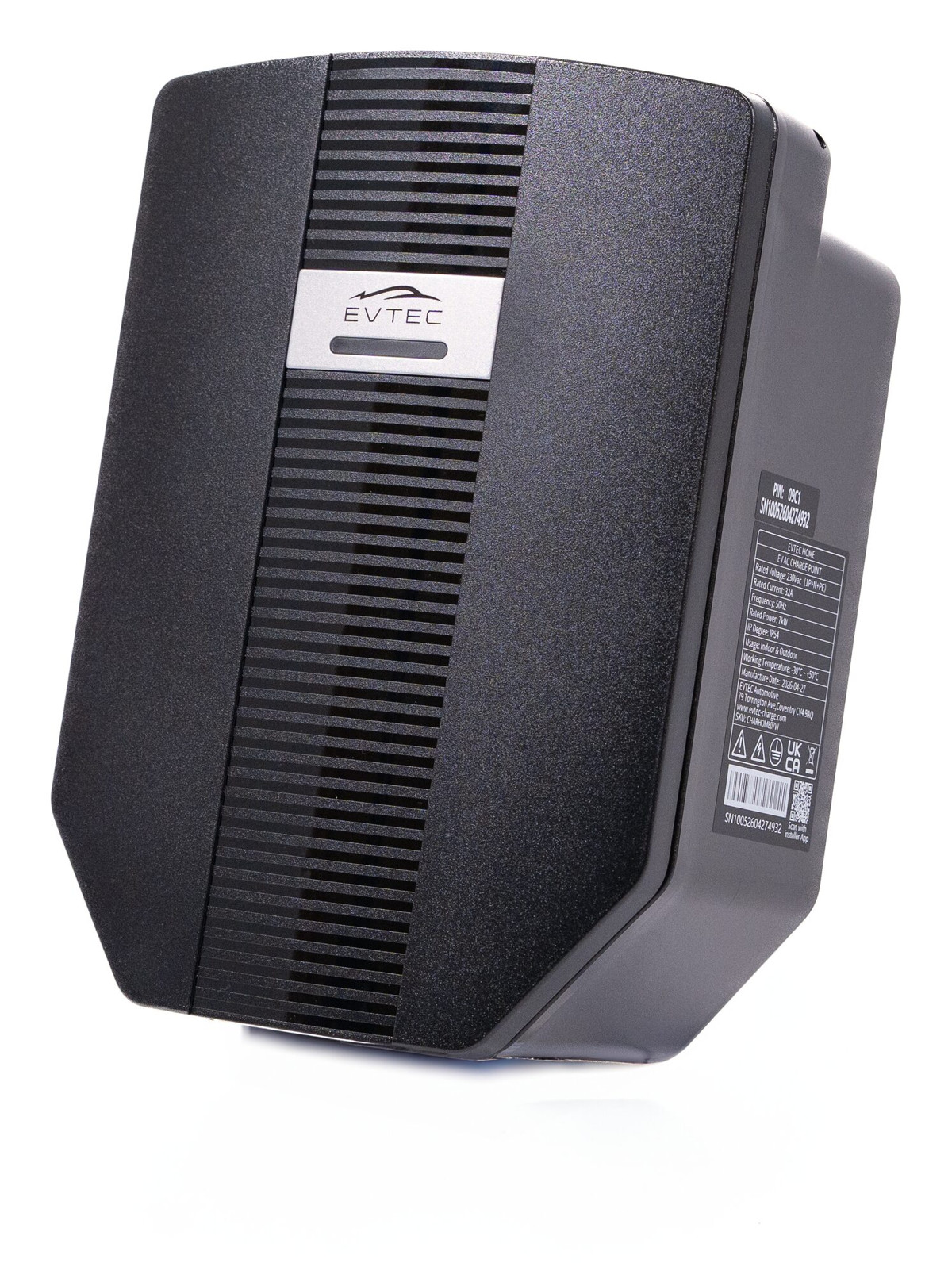 The Evtec Home charge point photographed at an angle, showing its ribbed front panel and rating label