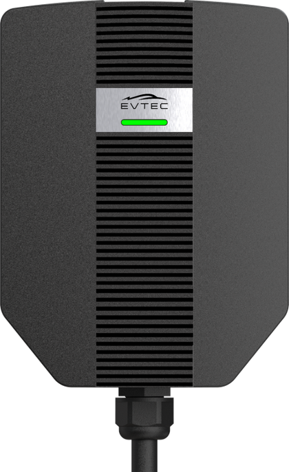 The Evtec Home charge point seen head-on, its louvred front panel carrying a brushed steel Evtec plate and a green status LED above the cable gland