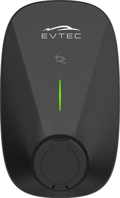 The Evtec Smart charge point, showing the concealed socket, RFID reader and green status LED